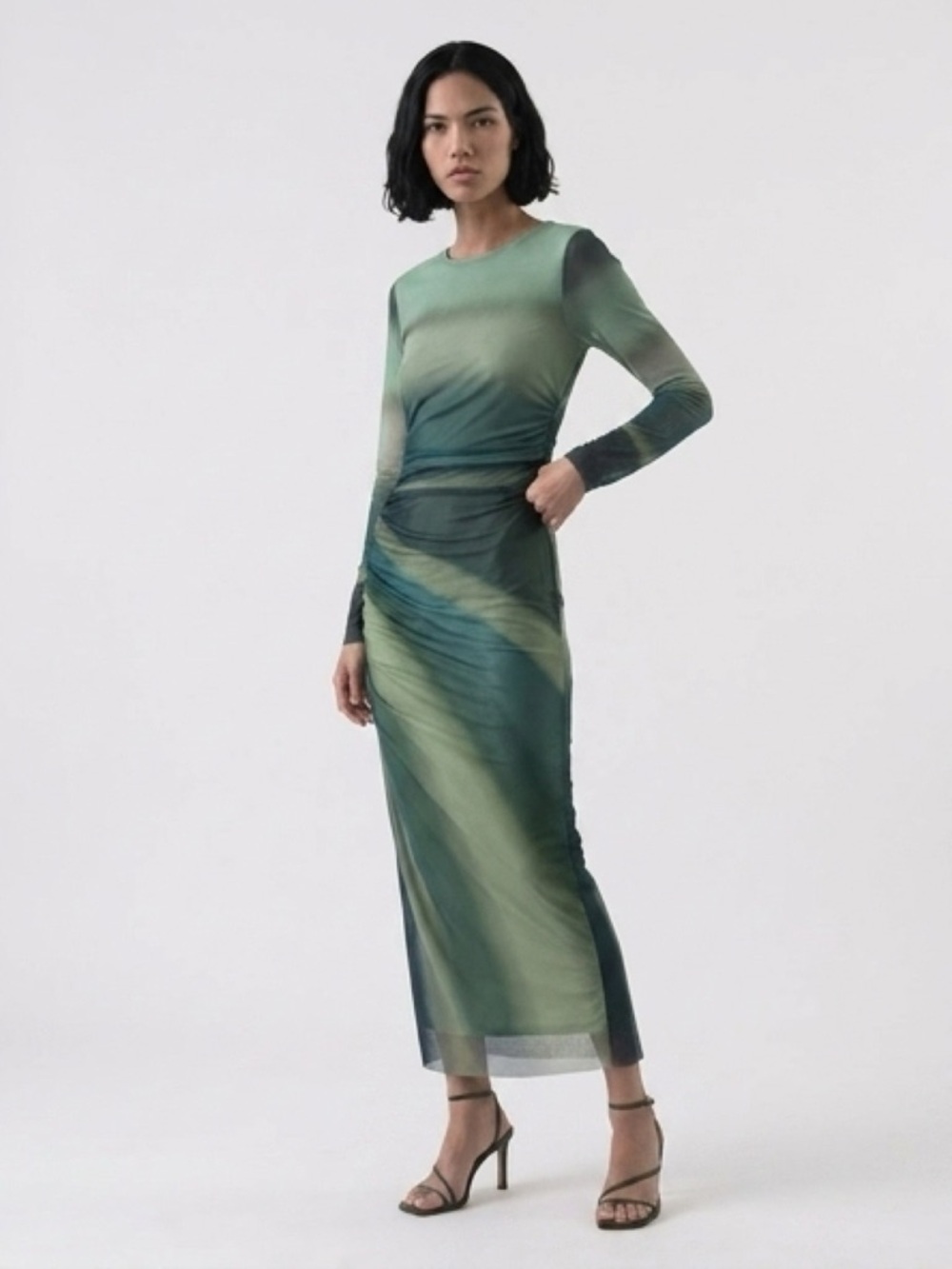 Sheer Ruched Long Sleeve Maxi Dress in Green Ombre